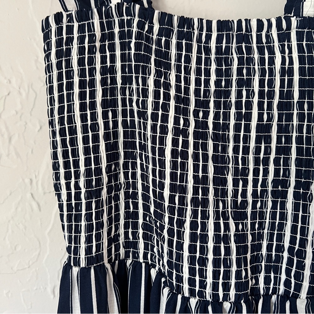 Stripe Smocked Maxi Dress, Size Small. Navy and white striped tiered maxi dress. - Picture 7 of 9